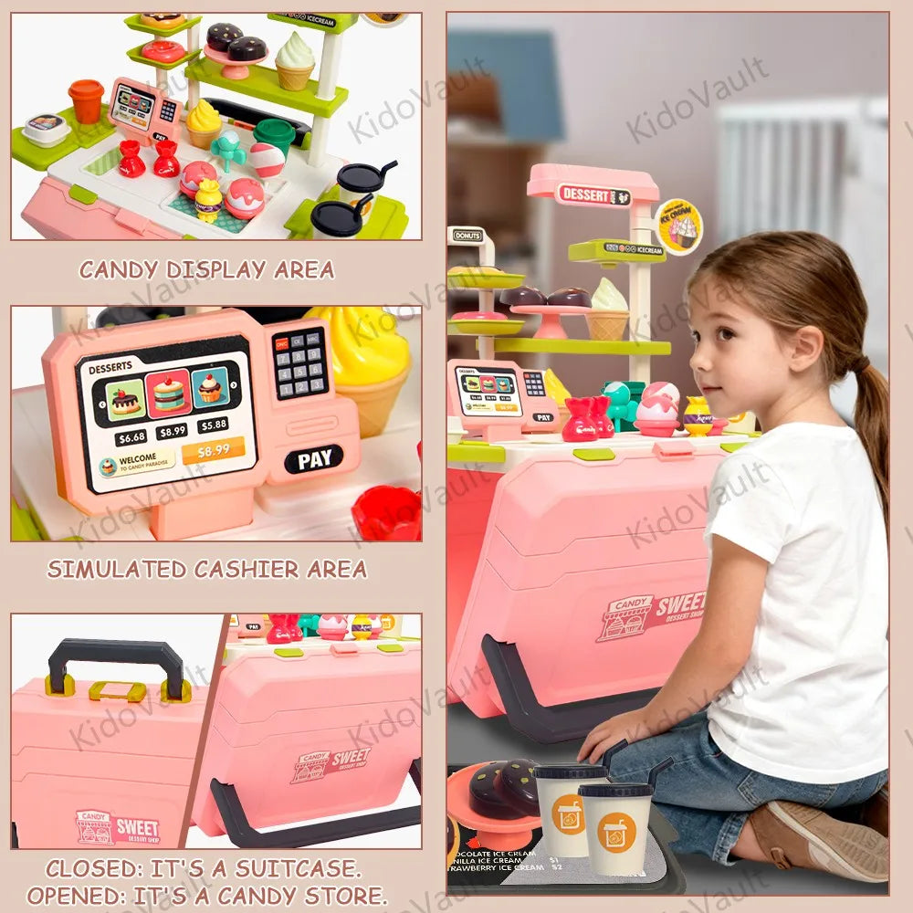 Kids Candy Dessert Playset Toy, Pretend Sweet Shop Kitchen Set for Girls, Tea Party Role Play Gift, Christmas Birthday Present,
