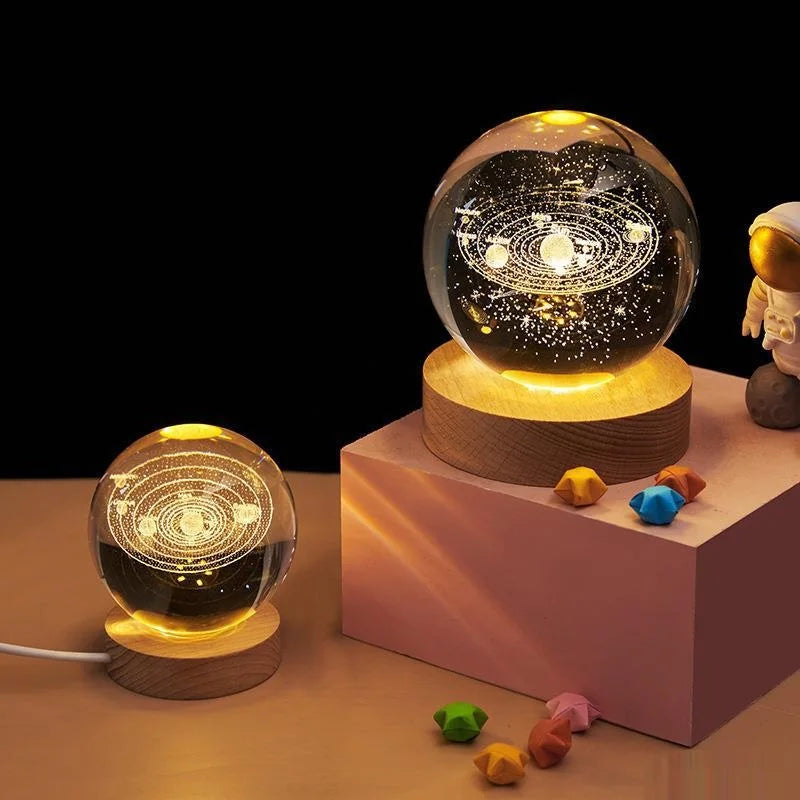 Solar System Planet Sphere 3D Laser Engraved 60mm Crystal Ball Wood Base LED Light Night Lamp