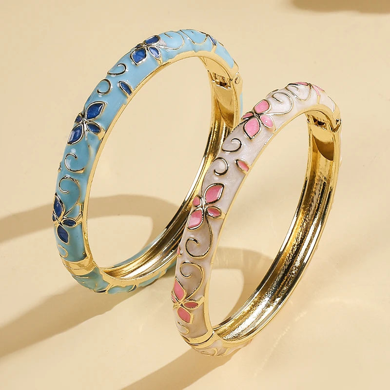 FTCY Flower Pattern Enamel Cloisonne Bracelet For Women Retro Gold Color Plated Bangles for Girls Women Jewelry Gifts