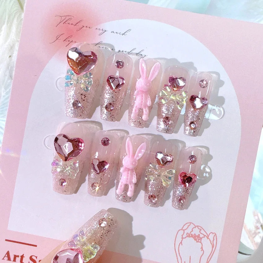 Blush Pink False Nails Bowknot Diamond Pearl Nails