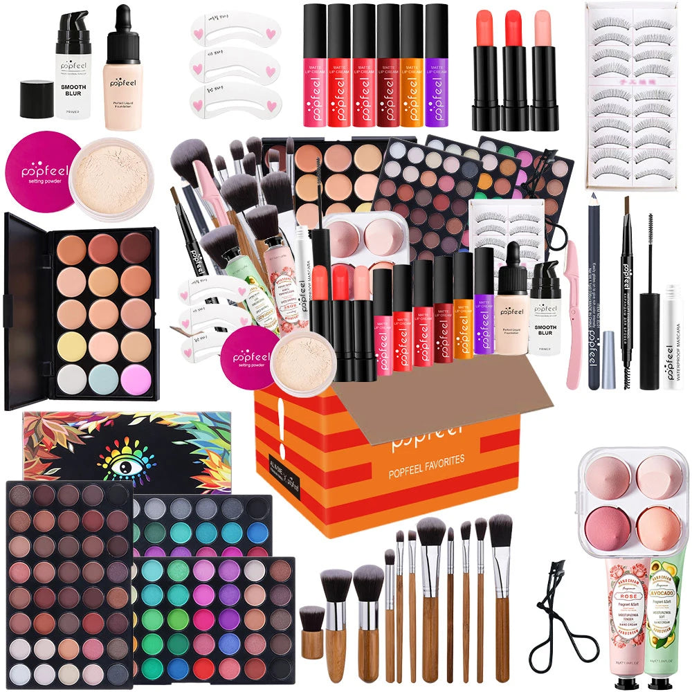 POPFEEL Multifunctional Women’s Makeup Set-Complete Beginner -Friendly Cosmetic Kit with Eyeshadow Palette, Lipstick, Hand Cream