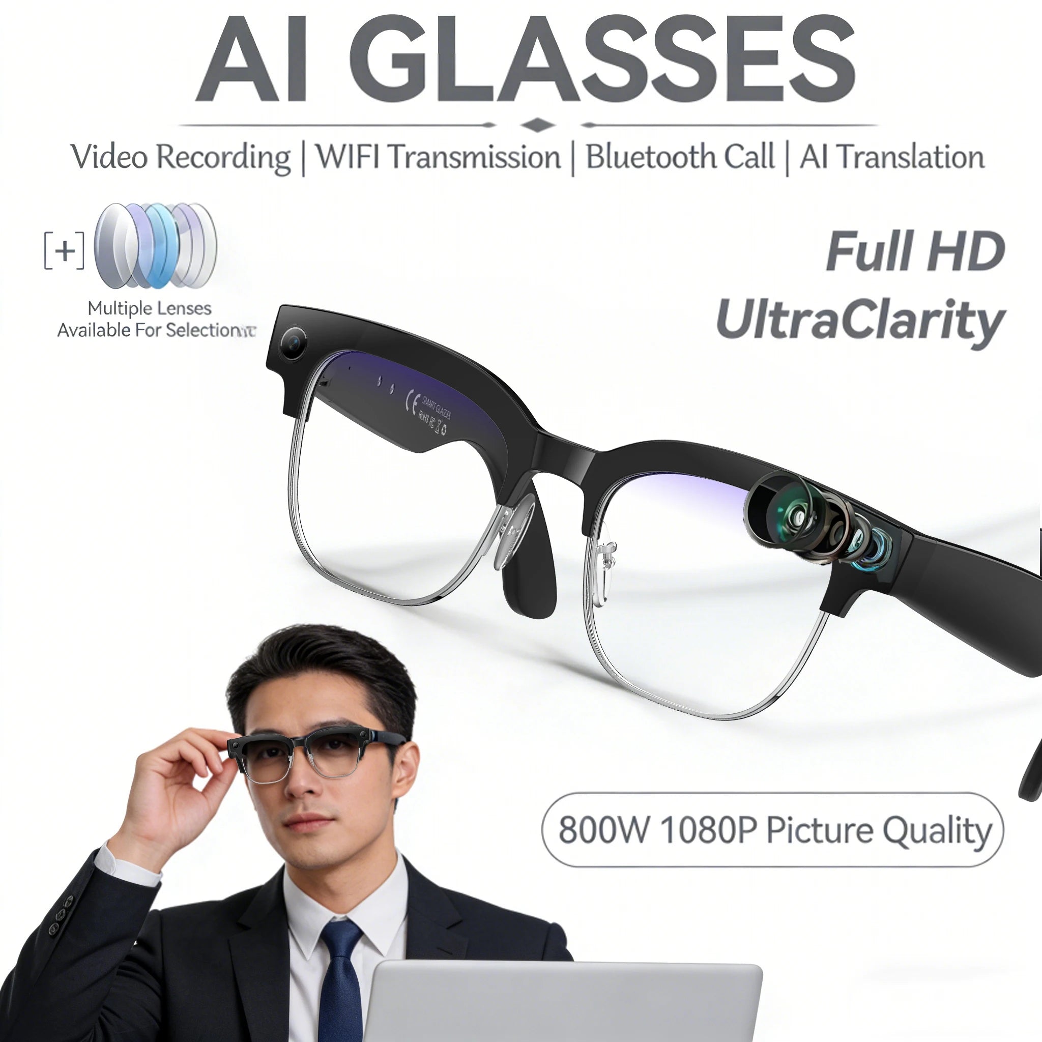 AI smart glasses with 8M Camera Recording Translation Bluetooth Call Music Men Women 2026