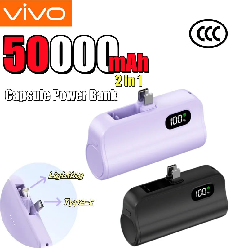 VIVO 50000mAh Capsule Power Bank 2-in-1 High Capacity LED Digital Display Portable Fast Charging External Battery For iPhone