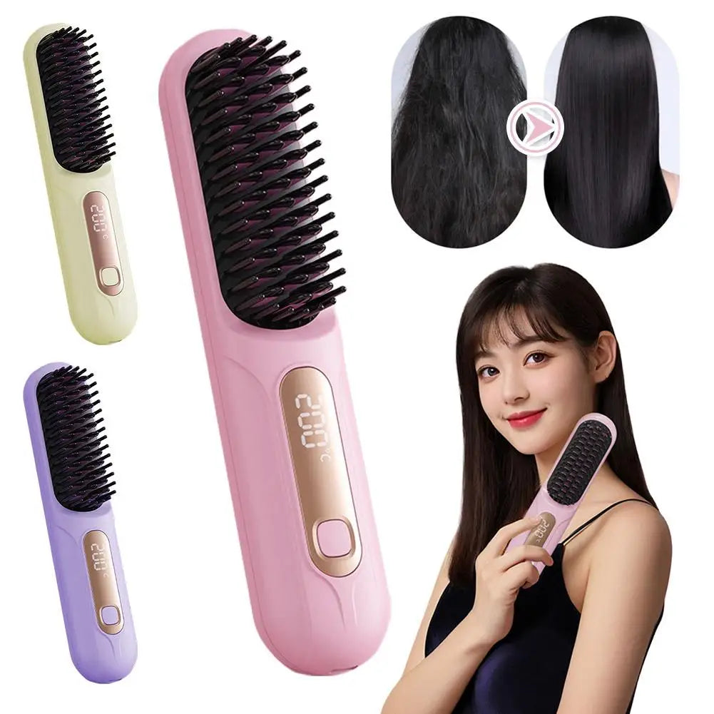 Wireless Hair Straightening Brush Rechargeable Comb For Frizz Control & Smooth Shiny Hair Portable Flat Iron Styling Tool D0G7