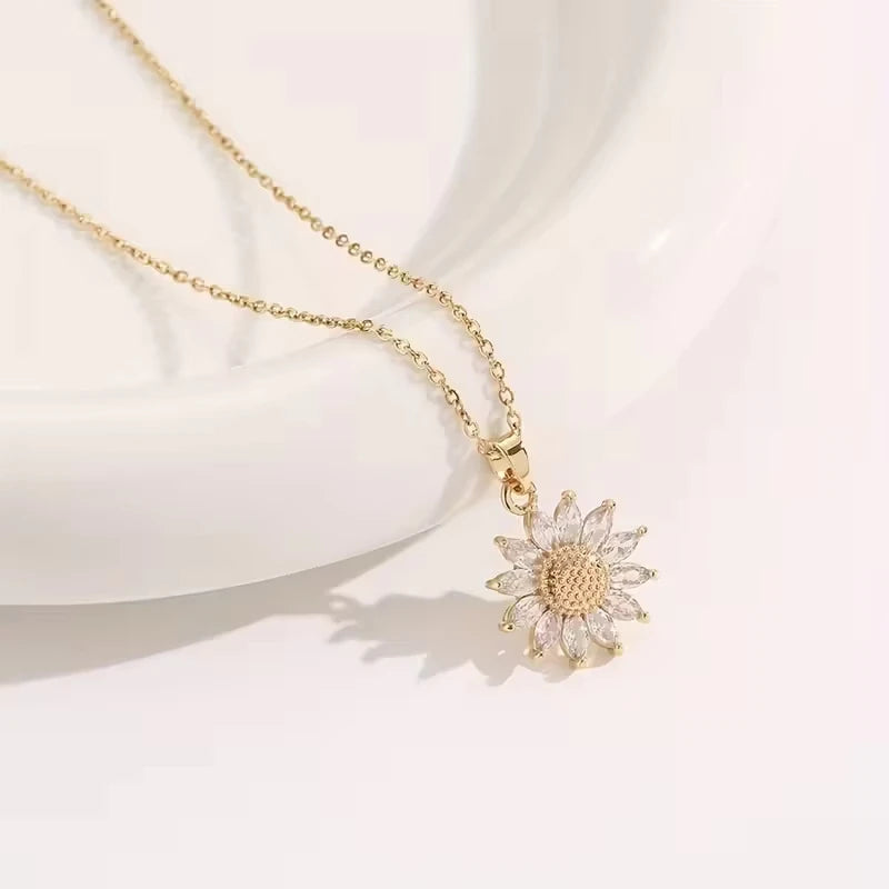 FTCY Sunflower Necklace With Gift Box For Women Dainty Stainless Steel Necklace Elegant Zircon Pendant Birthdays Jewelry Gift