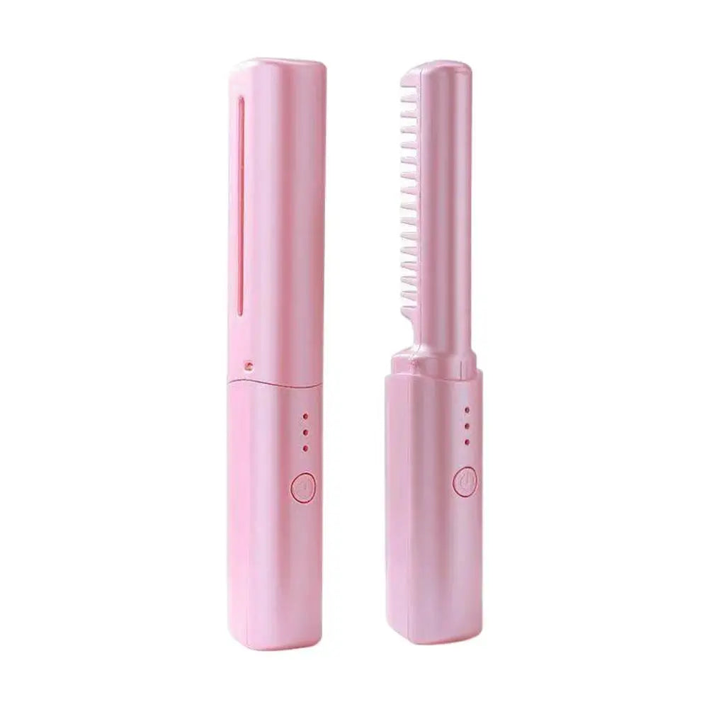 Rechargeable Wireless 2in1 Hair Straightener Curler Comb - Portable Negative Ion Hair Care Tool No Damage Hair Dual Purpose