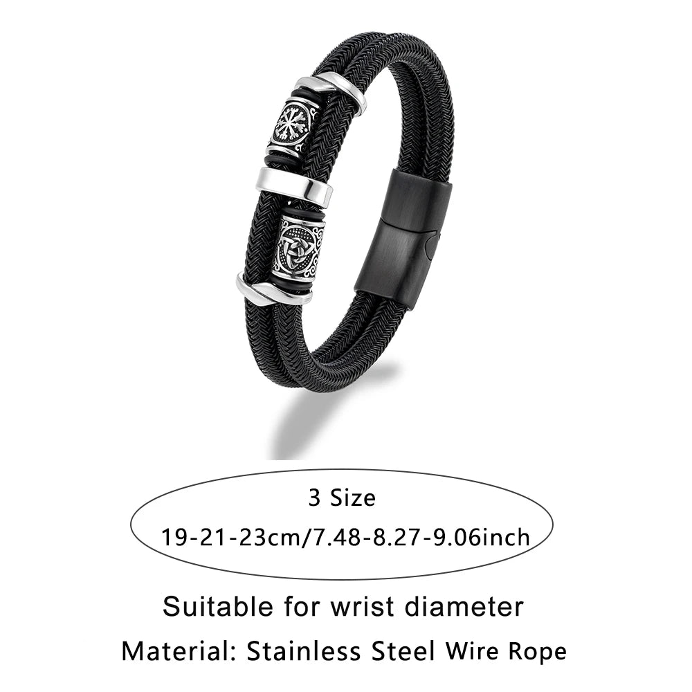Norse Runes Double-Layer Unfading Steel Wire Rope Bracelets Men Stainless Steel Vikings Bangles Charm Couple Jewelry Male Gifts