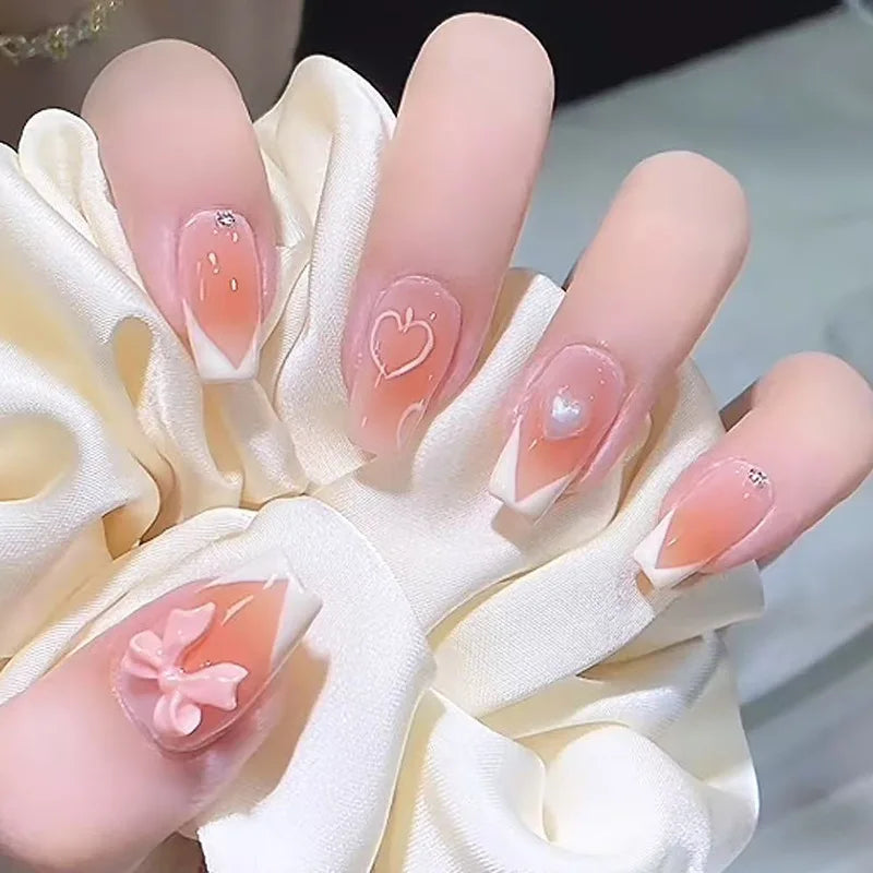 Blush Pink False Nails Bowknot Diamond Pearl Nails