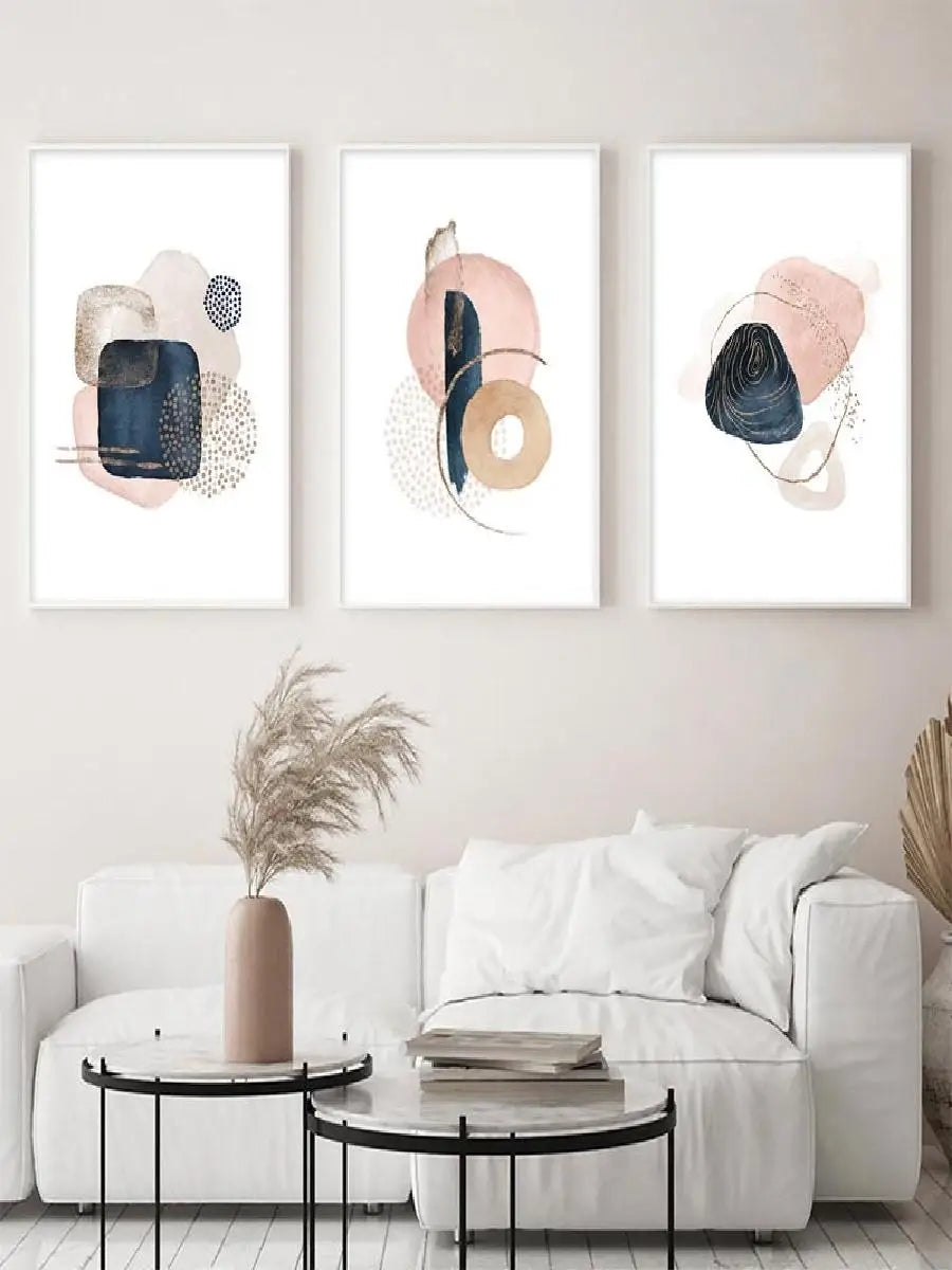 Abstract Watercolor Art Print in Beige Pink Gold  Boho Geometric Canvas Painting  Modern Wall Decor for Living Room Home Interio
