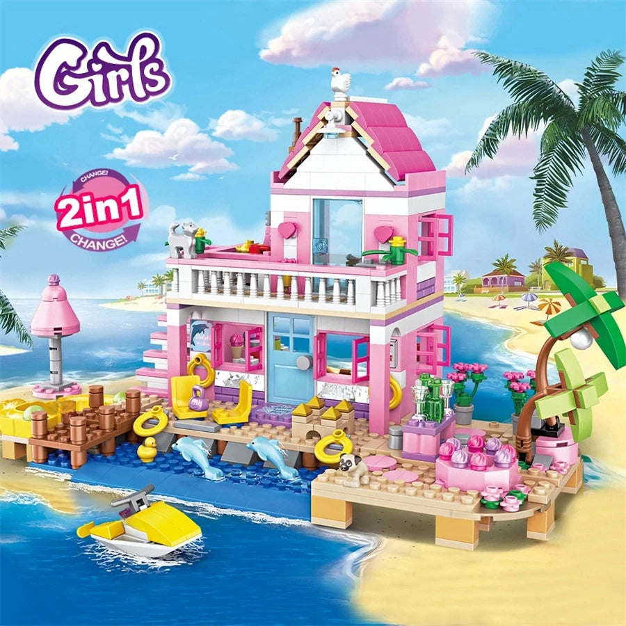 Summer Holiday City House Seaside Villa Building Blocks Apartment Street View Figures DIY Bricks Toys for Kid Girls Friends Gift