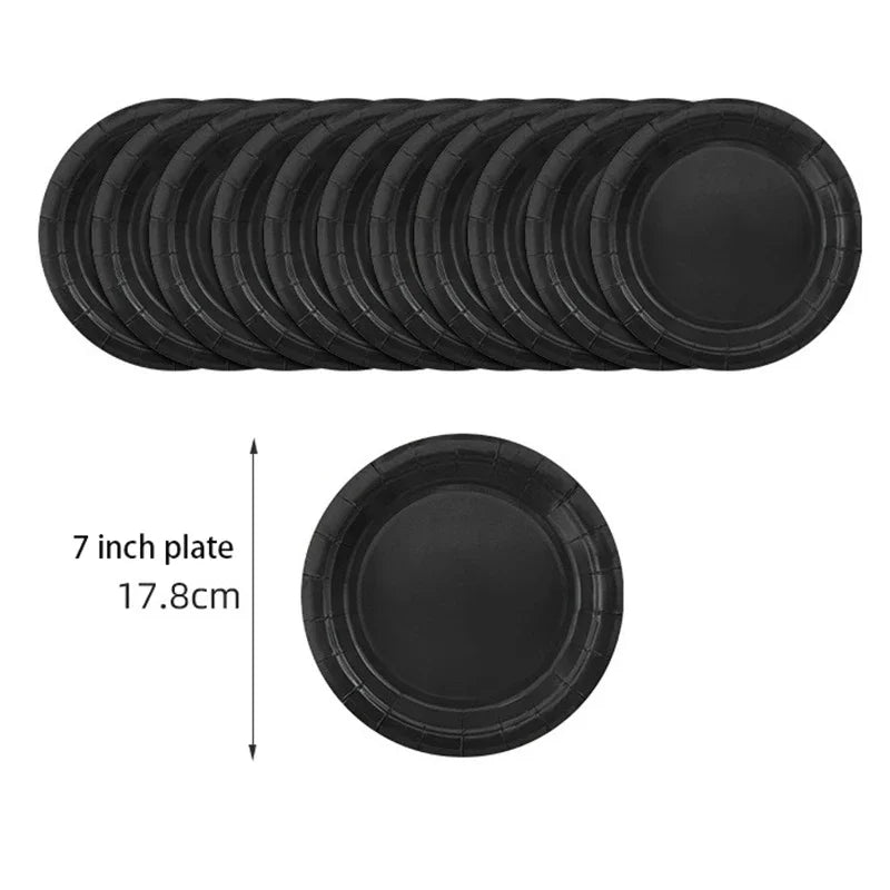Solid Black Theme Tableware Birthday Party Disposable Cutlery Paper Napkins Cups Plates Tablecloths Fork Spoon Party Decorations