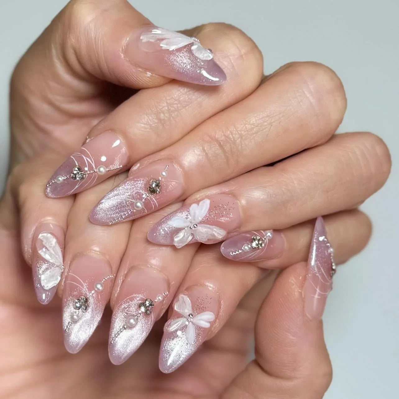 Blush Pink False Nails Bowknot Diamond Pearl Nails