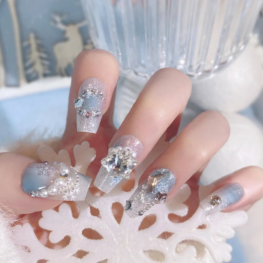 Blush Pink False Nails Bowknot Diamond Pearl Nails