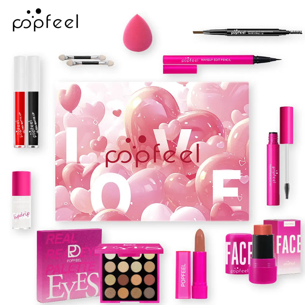 POPFEEL 12-Piece Valentine's Day Makeup Set -Cosmetics Includes Eyeshadow, Blush, Lipstick, Lip Gloss, Mascara, Eyebrow Pencil, Eyeliner.