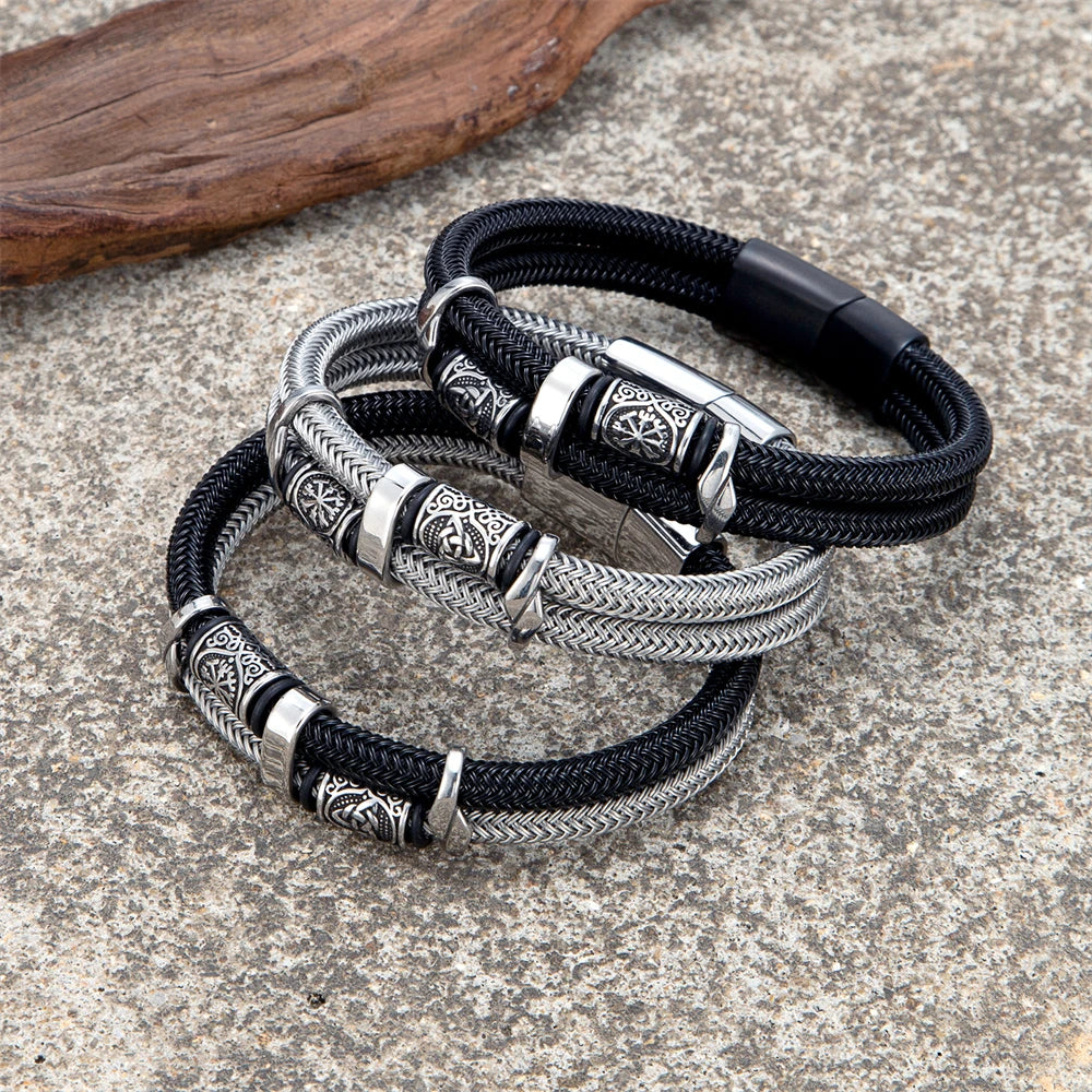 Norse Runes Double-Layer Unfading Steel Wire Rope Bracelets Men Stainless Steel Vikings Bangles Charm Couple Jewelry Male Gifts