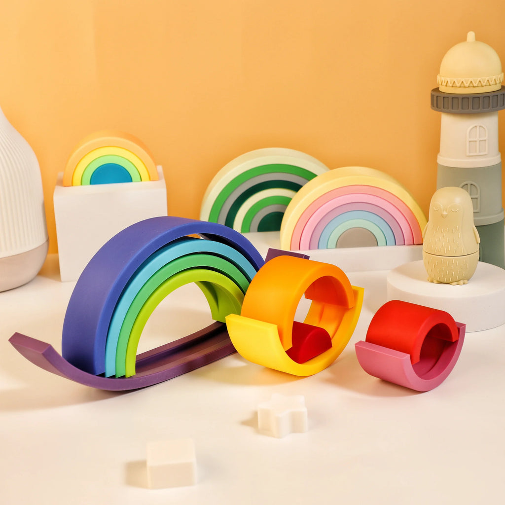 1Set Baby Rainbow Colors Silicone Stacking Toys Montessori Creative Toys BPA Free Food Grade Silicone Early Education Kids Gifts