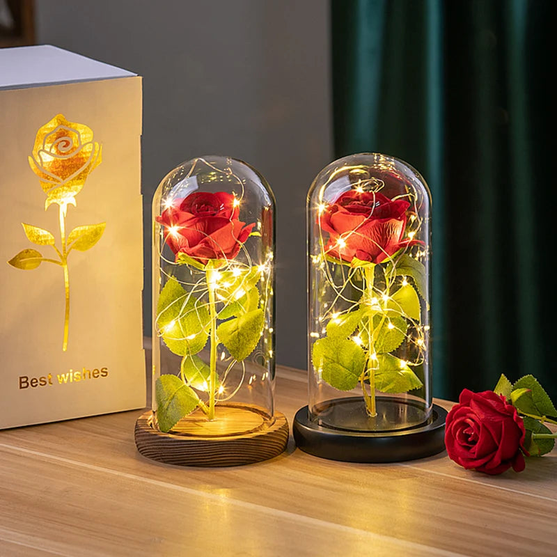 Artificial Rose Flowers Eternal Flower In Glass Cover Rose Light Wedding Birthday Gift Valentine's Day Luminescence Ornaments