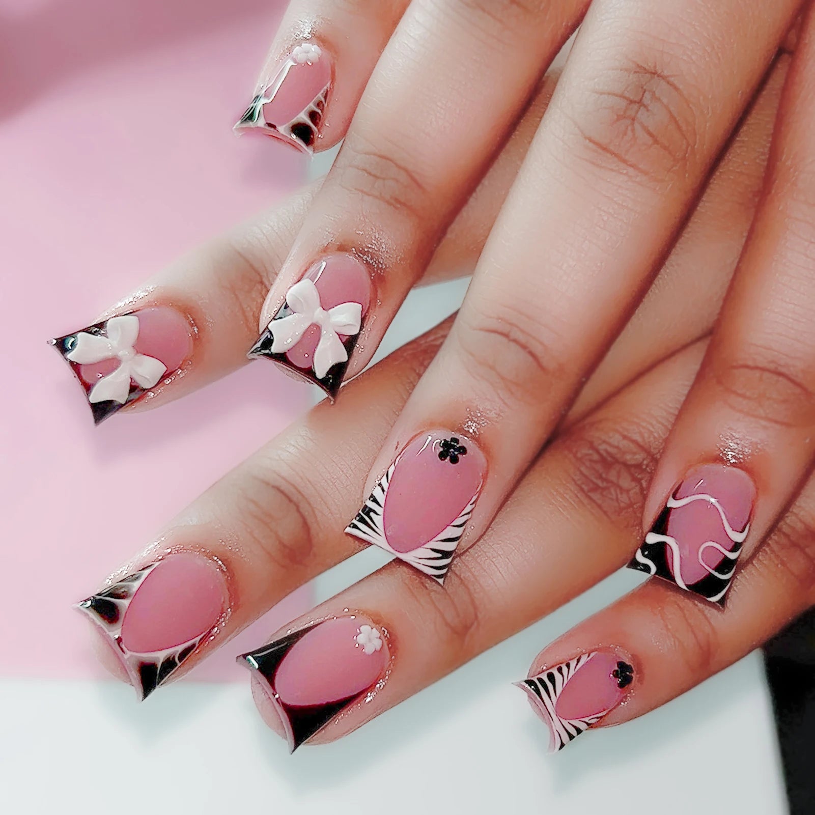 Blush Pink False Nails Bowknot Diamond Pearl Nails