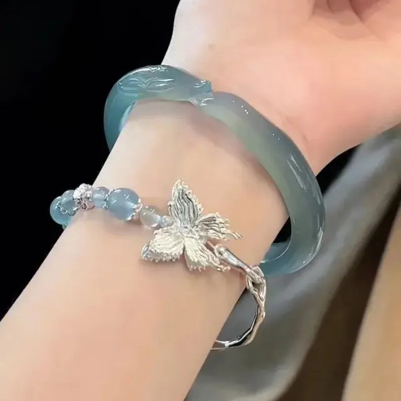 Translucent Resin Bangle for Women Chinese Style Tassel Bells Bracelet Crystal Beads Chain Bracelet Silver Color Alloy Jewelry