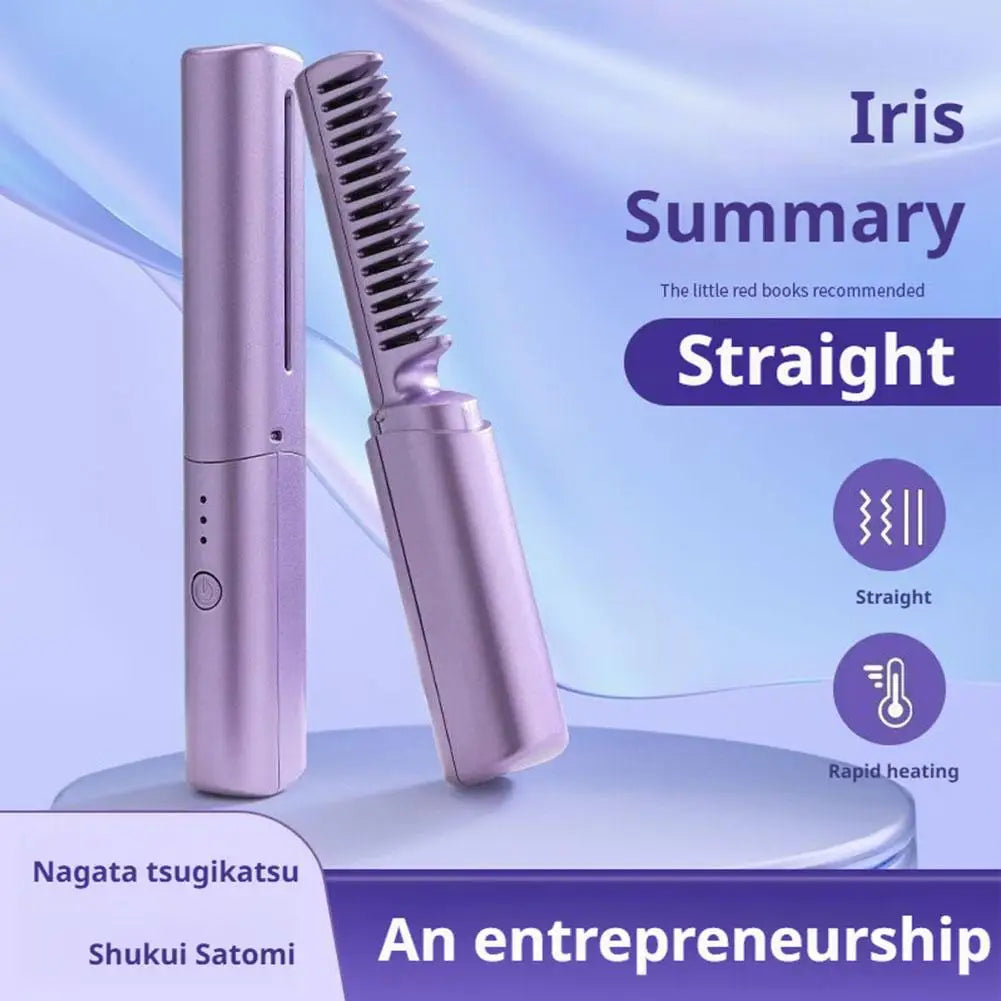 Rechargeable Wireless 2in1 Hair Straightener Curler Comb - Portable Negative Ion Hair Care Tool No Damage Hair Dual Purpose