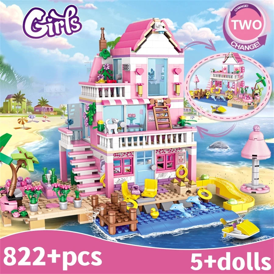 Summer Holiday City House Seaside Villa Building Blocks Apartment Street View Figures DIY Bricks Toys for Kid Girls Friends Gift