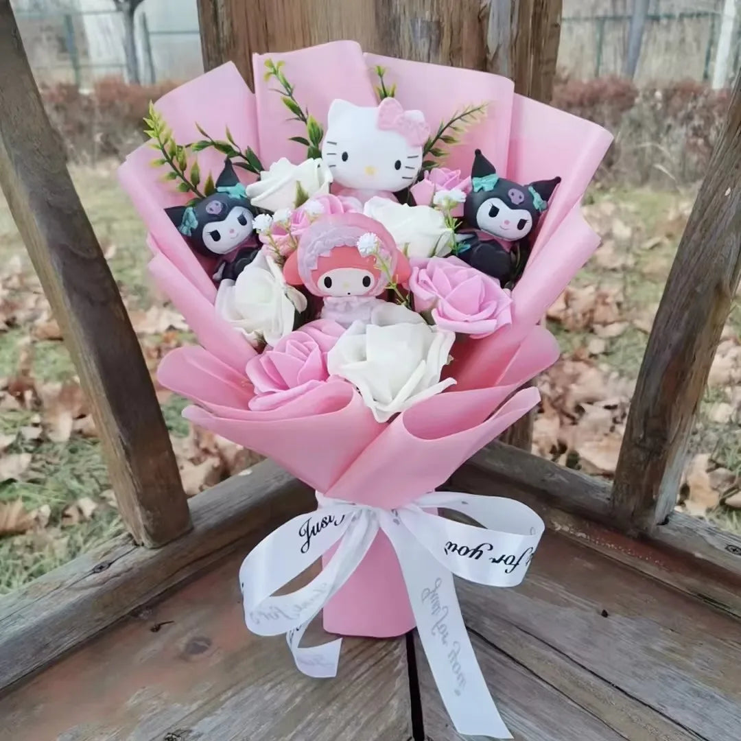 Hello KT Cartoon Plush Bouquet  Anime Rose Flowers Doll Home Wedding Decoration Christmas Valentine's Day Gift