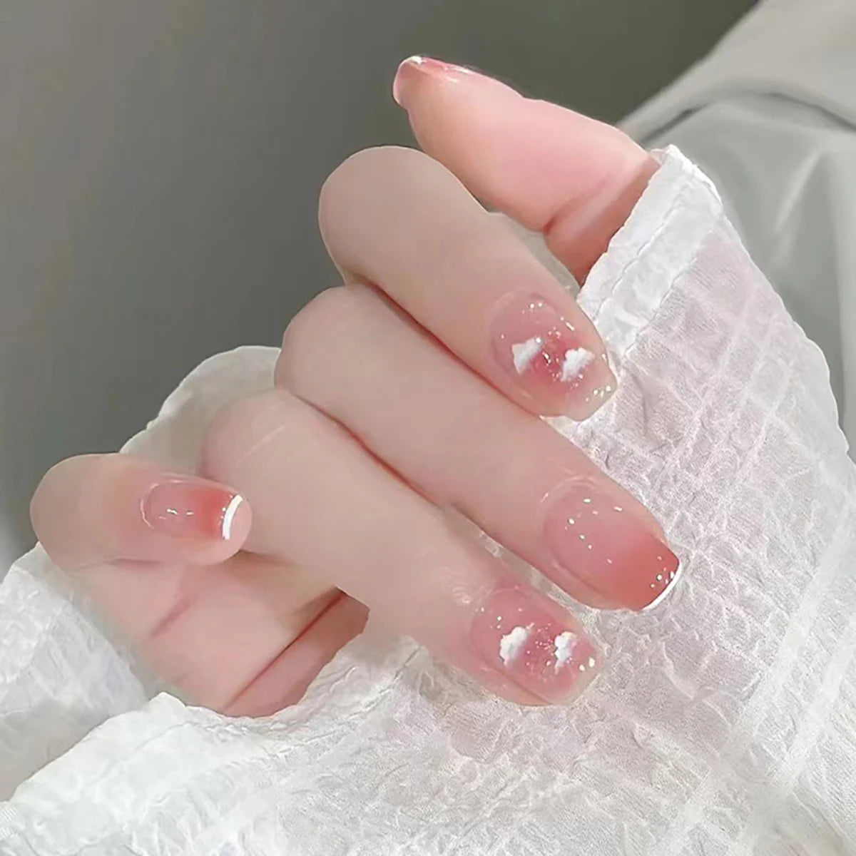 Blush Pink False Nails Bowknot Diamond Pearl Nails