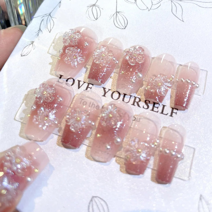 Blush Pink False Nails Bowknot Diamond Pearl Nails