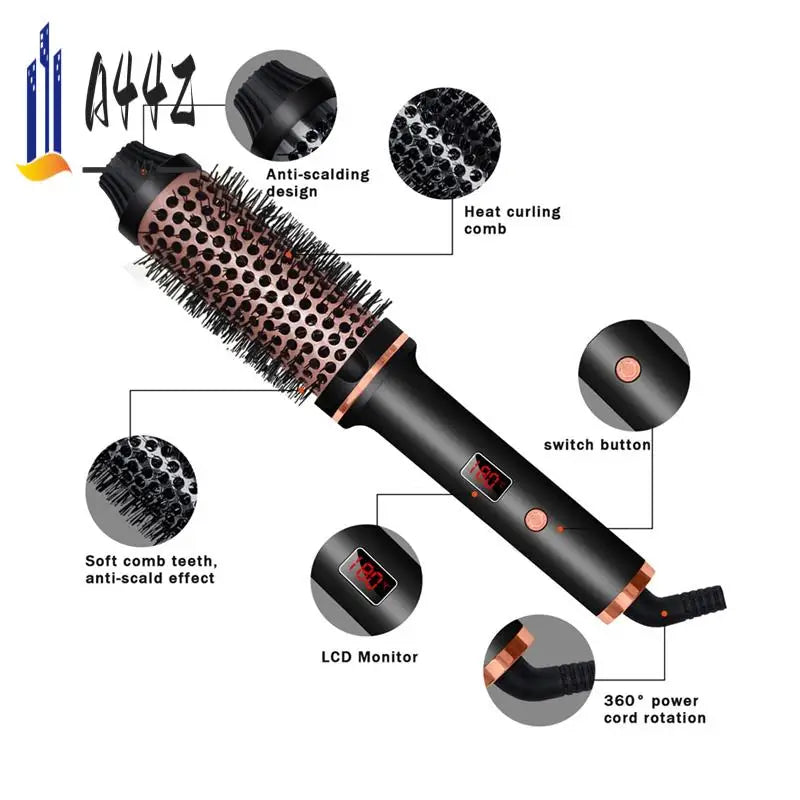 A44Z-3In1 Ionic Hair Curler Straightener Professional Curling Iron Heated Hair Styling Brush Anti-Scald Thermal Brush
