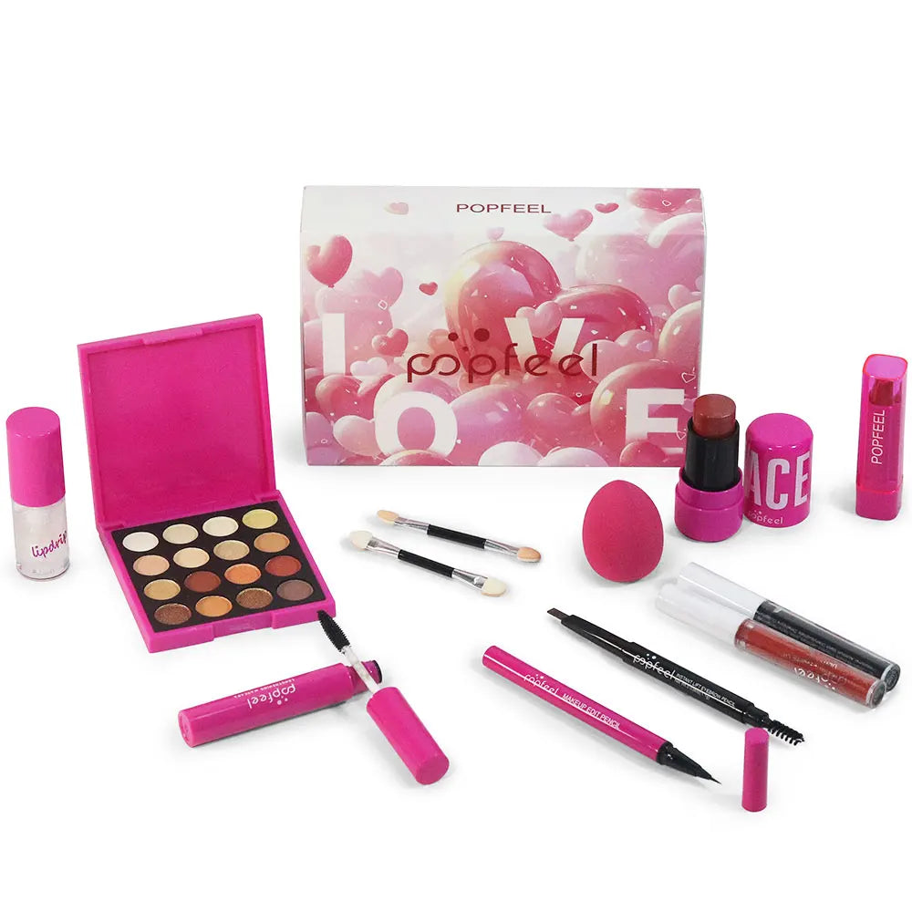 POPFEEL 12-Piece Valentine's Day Makeup Set -Cosmetics Includes Eyeshadow, Blush, Lipstick, Lip Gloss, Mascara, Eyebrow Pencil, Eyeliner.