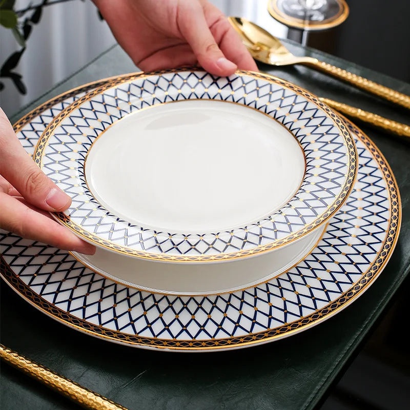 New European Style Light Luxury Bone China Steak Plate  Knife, Fork, Spoon, Napkin Buckle，Cloth Napkin，Wine Glass Tableware Set