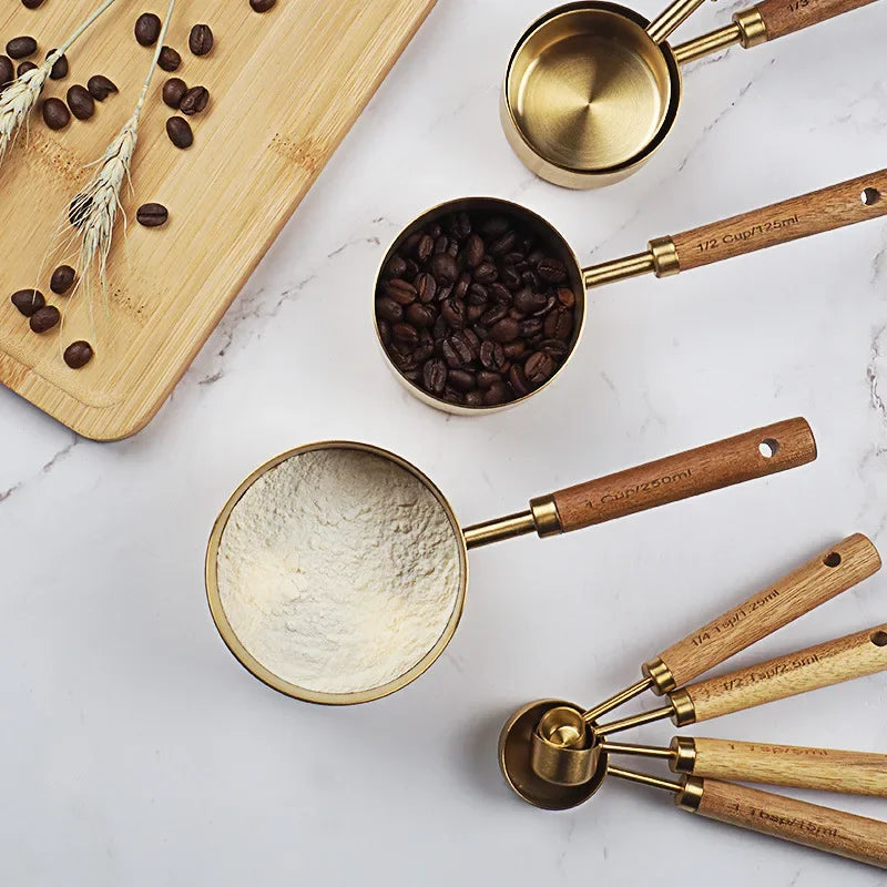 8 Piece Golden Stainless Steel Measuring Spoon Set with Wooden Handle for Baking Coffee Cooking Kitchen Tools