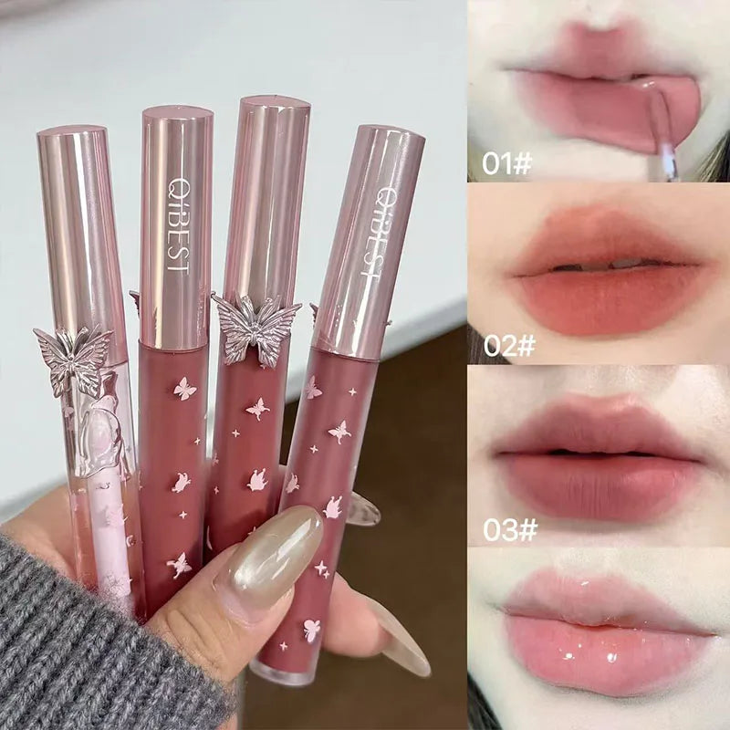 QIBEST New Feather Butterfly Soft Color Lip Makeup Kit Include 3*Matte Liquid Lipstick And 1*Lip Oil Cosmetics Set With Necklace Cosmetics