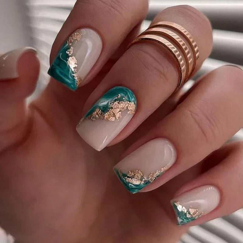 24pcs Short Square Nails Glitter Flower Wave French Nails