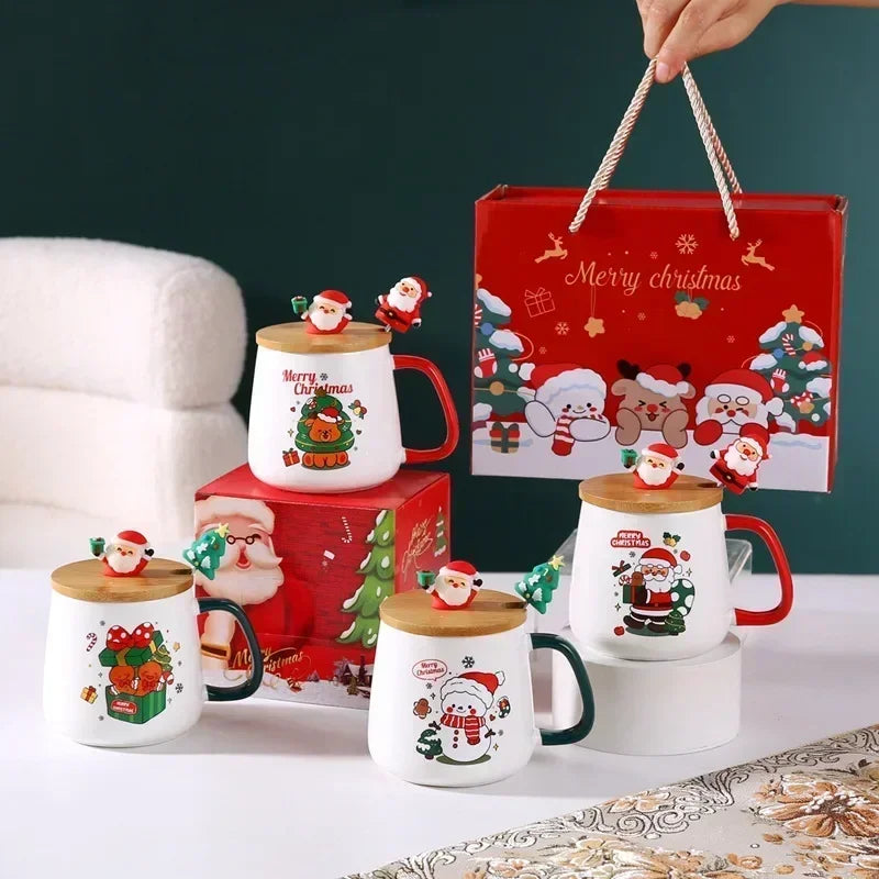 Christmas Gift Box Mug Coffee Milk Tea Breakfast Cup Festive Christmas Xmas Theme Ceramic Mug Cup Set with Lid And Spoon