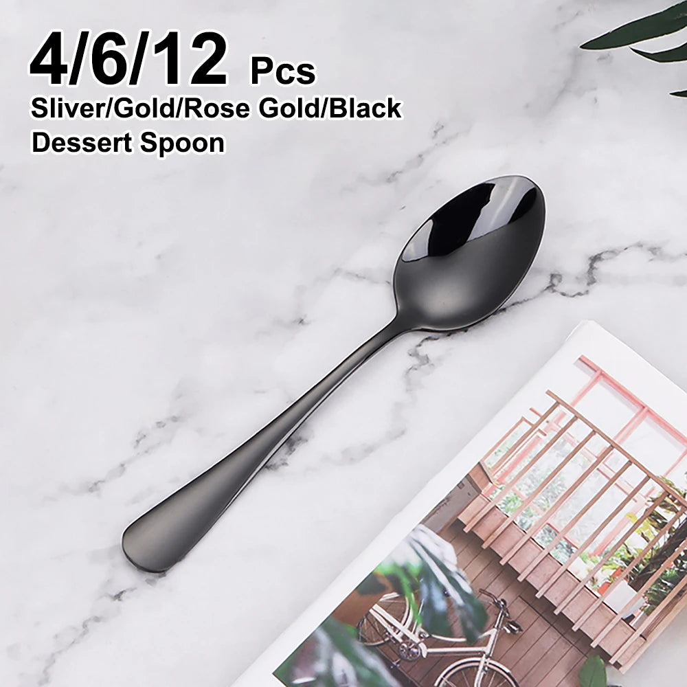 4/6/12 Pieces Stainless Steel Dessert Spoon Black Stirring Spoon Ice Cream Cake Sliver Spoons Set Gold Cutlery Mirror Tableware