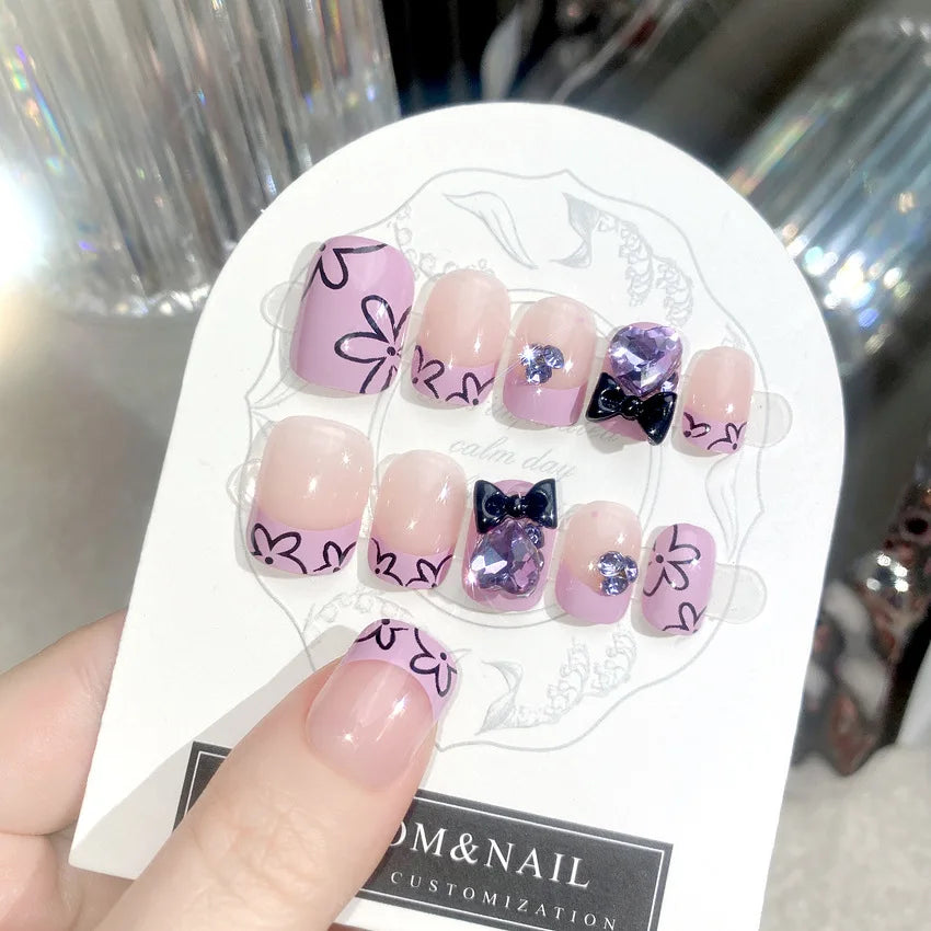 Blush Pink False Nails Bowknot Diamond Pearl Nails