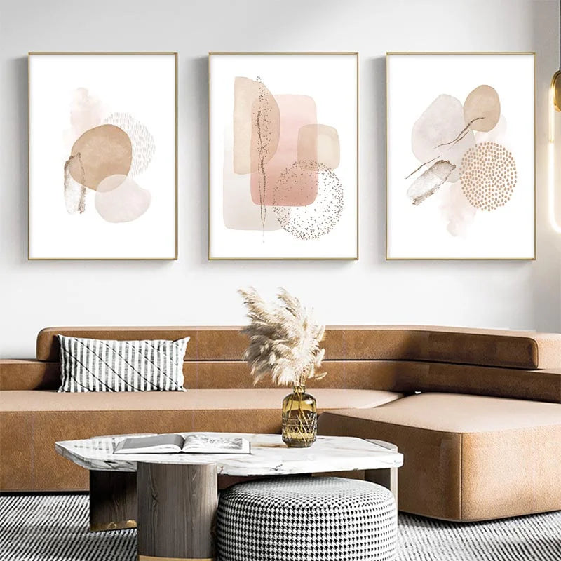Abstract Watercolor Art Print in Beige Pink Gold  Boho Geometric Canvas Painting  Modern Wall Decor for Living Room Home Interio