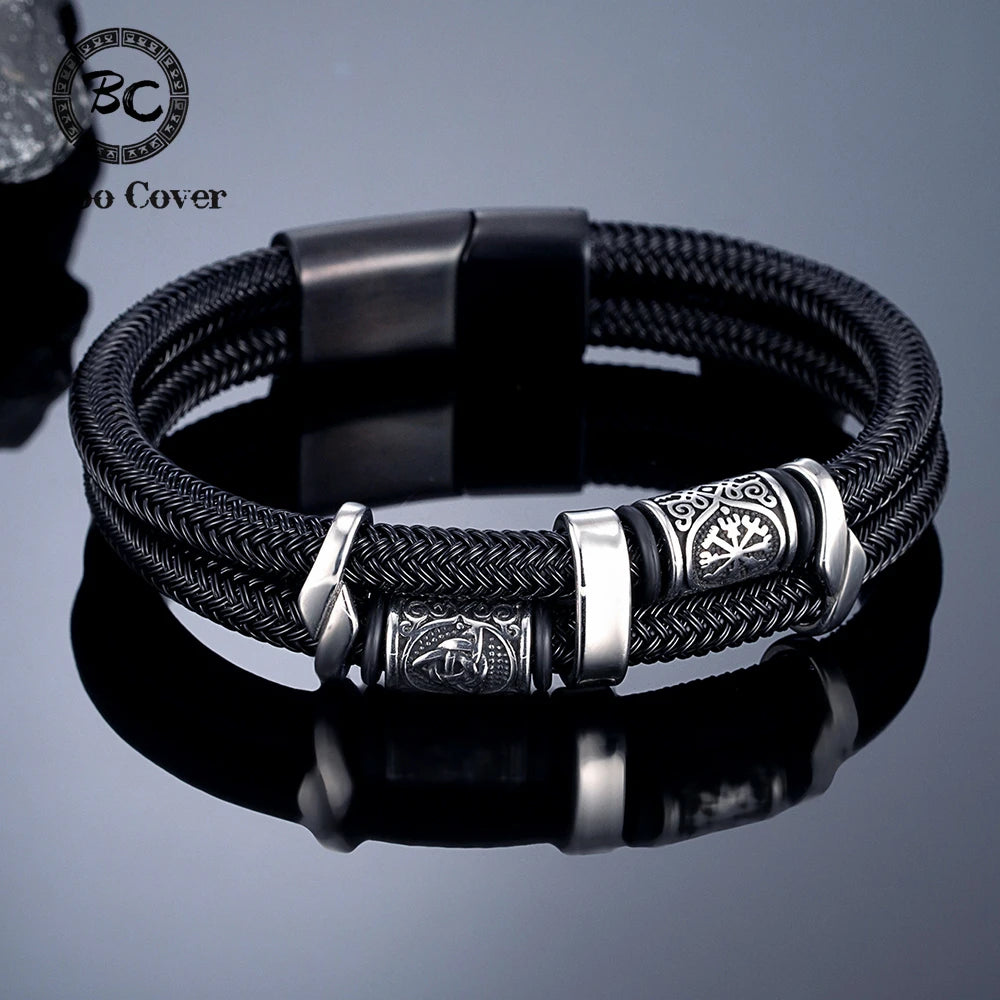 Norse Runes Double-Layer Unfading Steel Wire Rope Bracelets Men Stainless Steel Vikings Bangles Charm Couple Jewelry Male Gifts