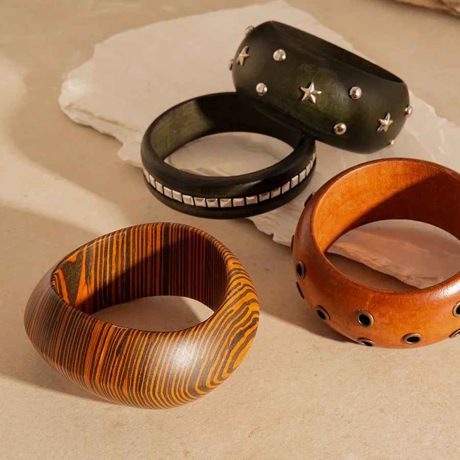 12 Styles Natural Wooden Square Round Bracelet for Women Men Hip Hop  Rivet Beads Wide Bangles Hand Jewelry Pulseras Mujer