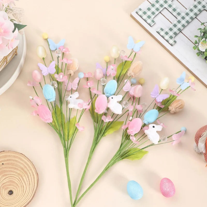 Easter Flower Spring Floral with Easter Egg Rabbit Statue Fake Twig Branches Easter Vine Stems for DIY Holiday Vase Decor