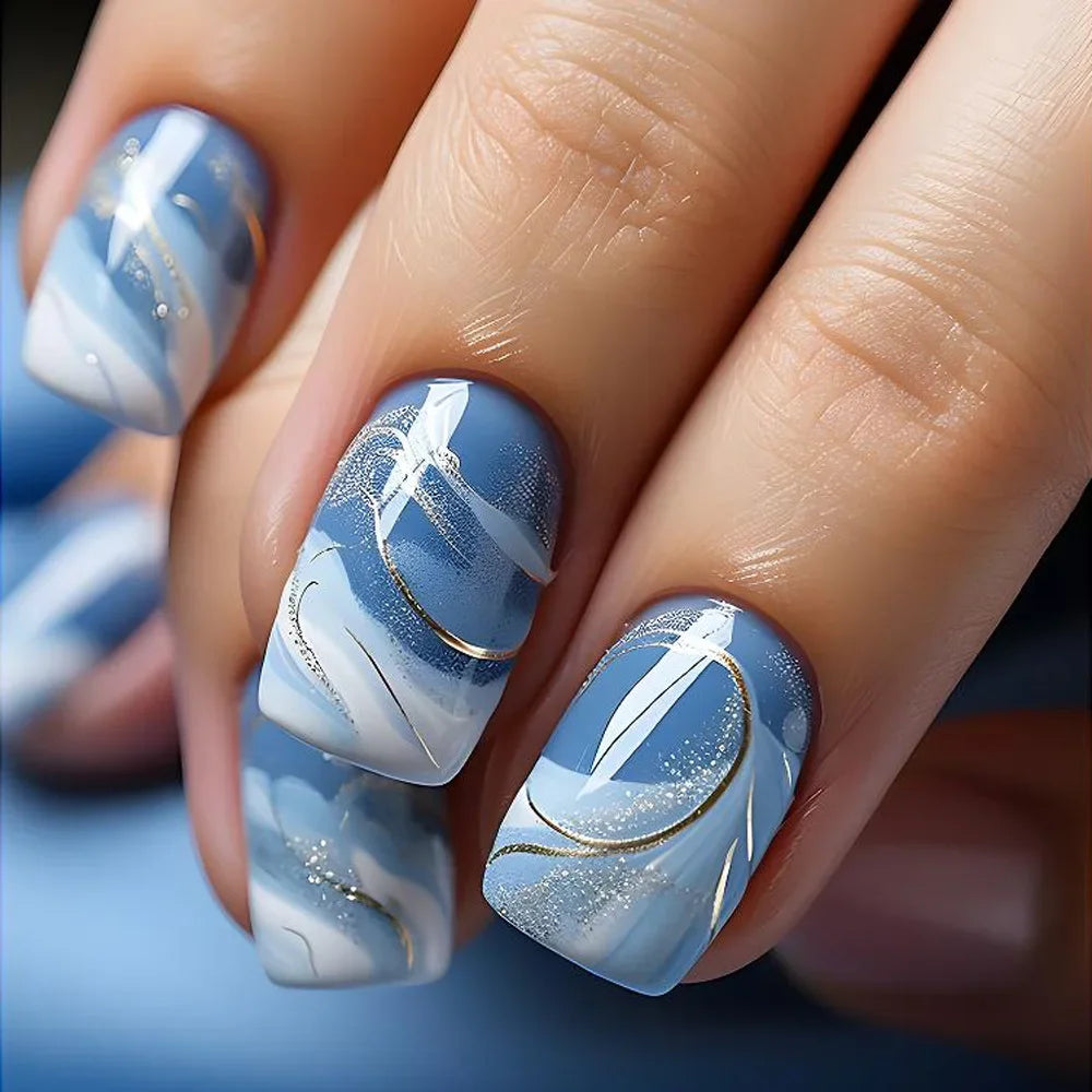 24pcs Short Square Nails Glitter Flower Wave French Nails