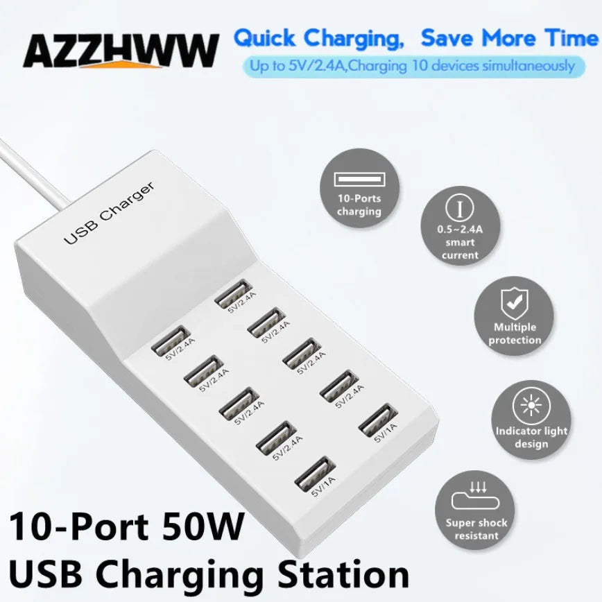 10-Port USB Charger Station Rapid Charging with Auto Detect Tech Safety Guaranteed Smart Ports for Phones Tablets More Devices.