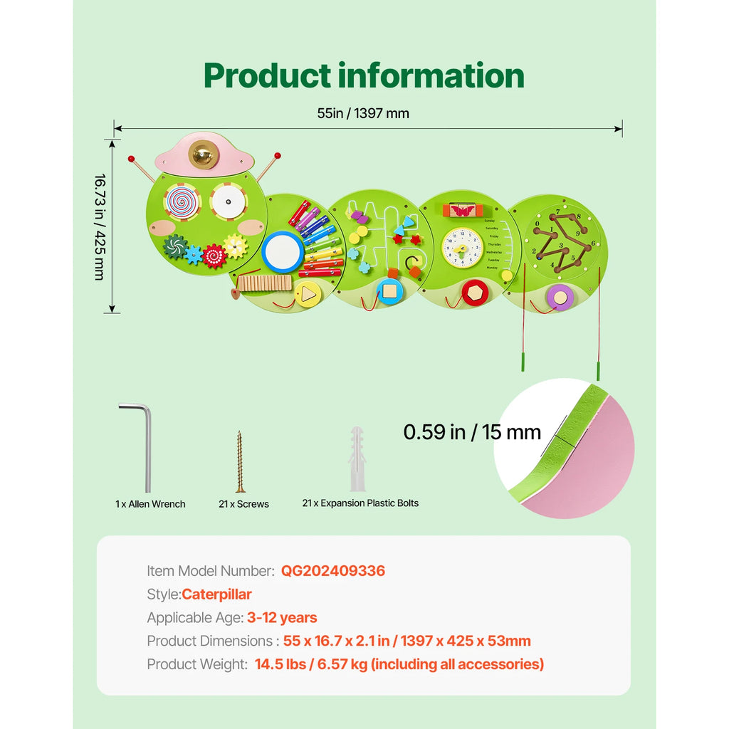 SucceBuy Caterpillar Children Wall Busy Board 12 Activities Montessori Sensory Learning Center for Kids 3-12 Years Playroom Toys