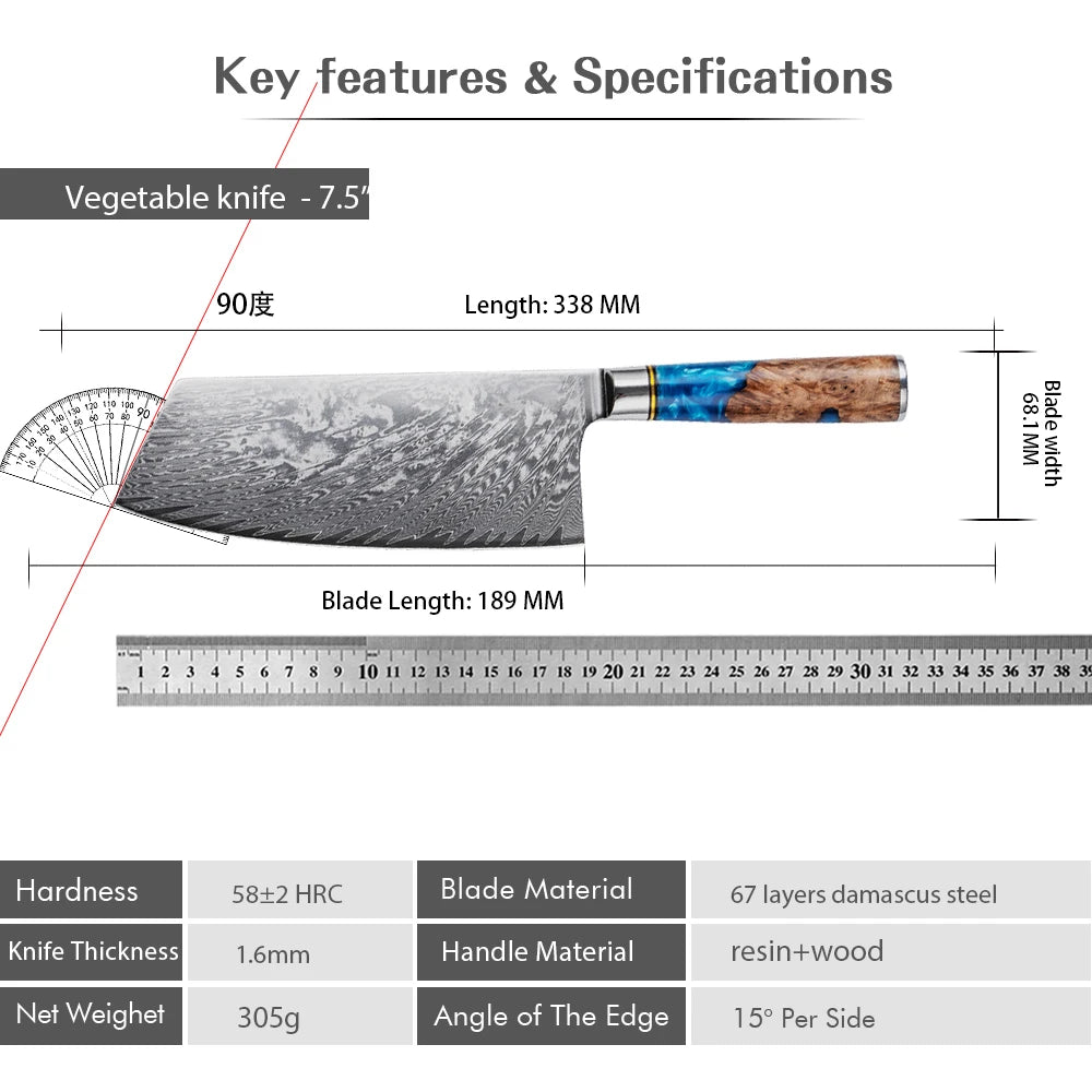 Damascus Knife Set 2 Pieces Japanese Kitchen Knife with VG10 Steel Core Blue Resin Handle Super Sharp Kitchen Chef's Knife