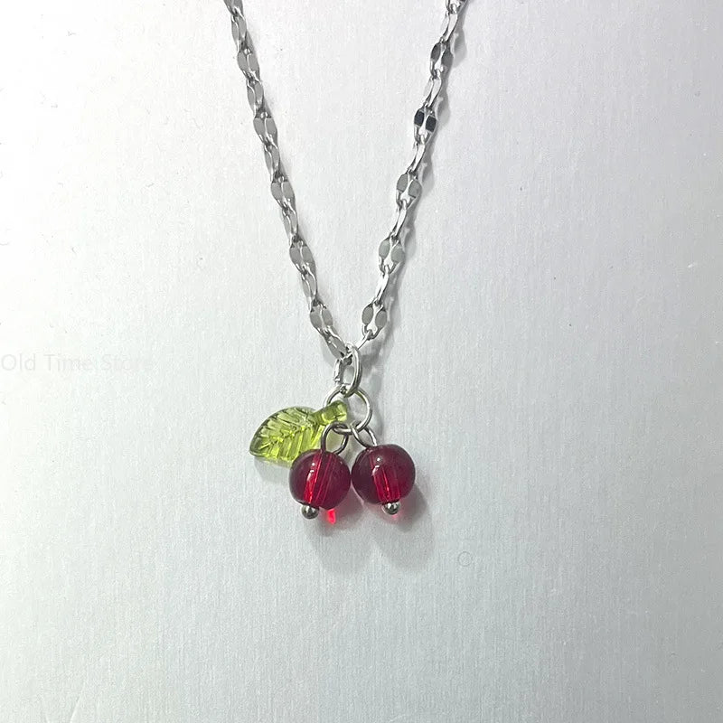 Stainless steel Cherry Necklace Natural stone beads pendant chain necklace Women's fashion wedding jewelry birthday gift