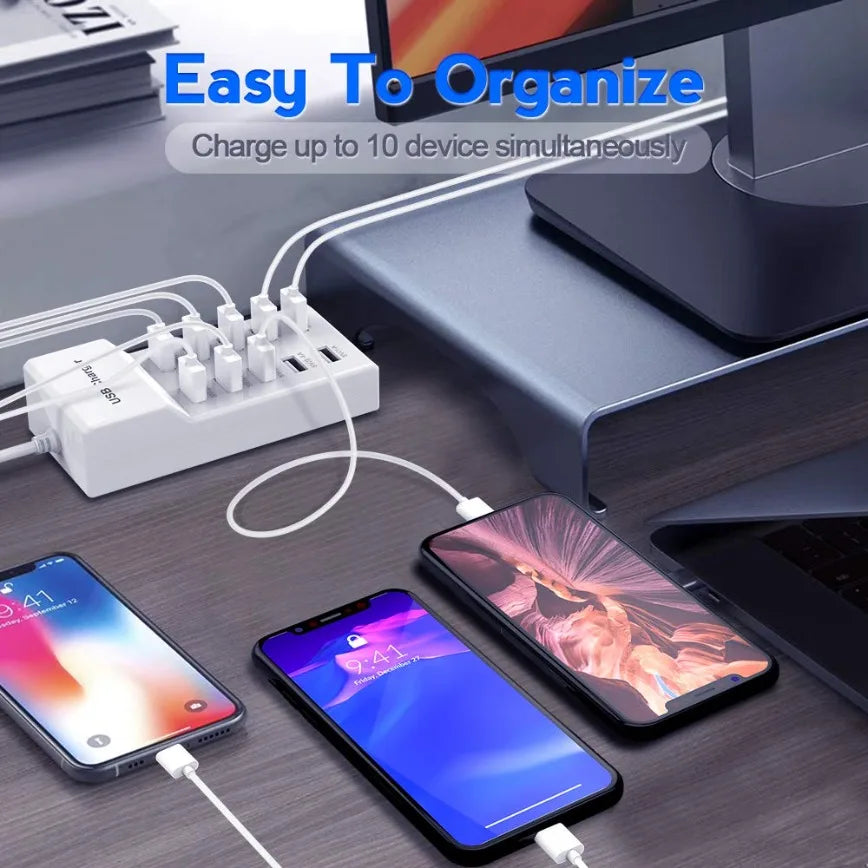 10-Port USB Charger Station Rapid Charging with Auto Detect Tech Safety Guaranteed Smart Ports for Phones Tablets More Devices.