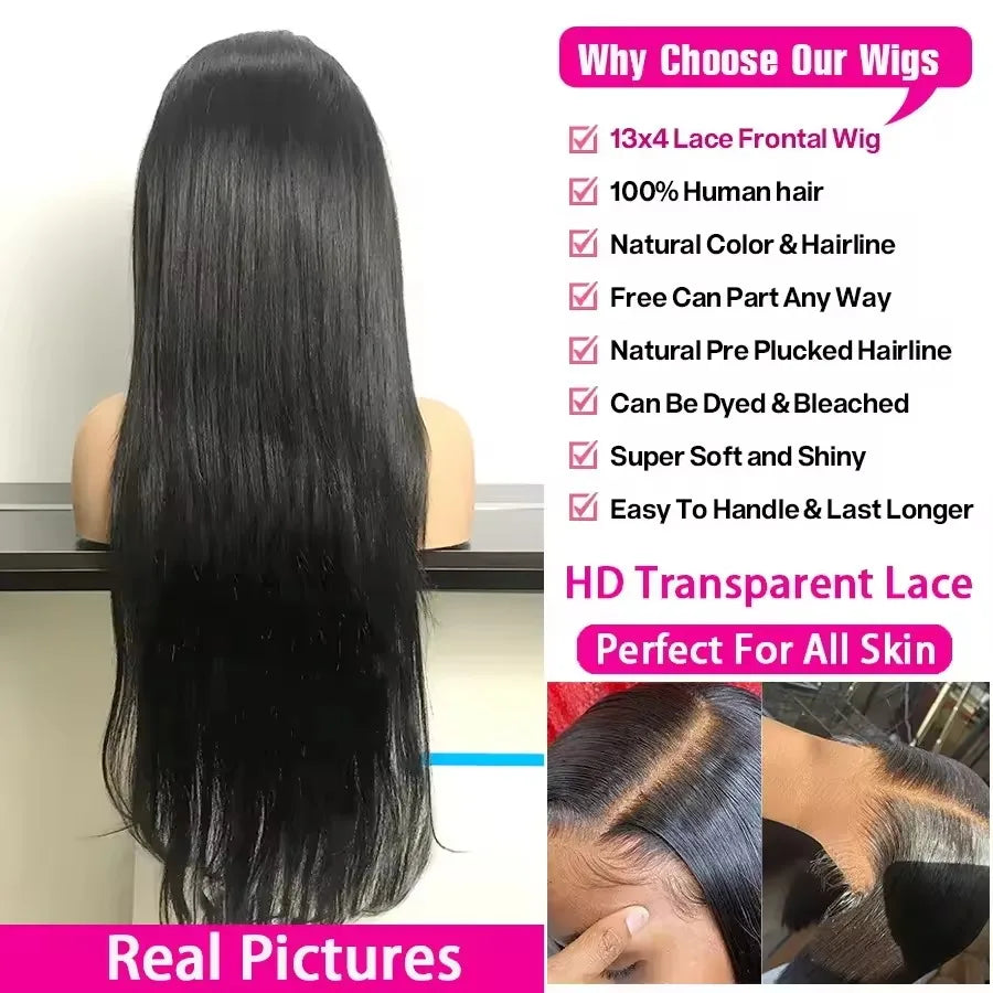 40 Inches 13x4 13x6 HD Transparent Bone Straight Lace Frontal Wigs 200 Density Lace Front Human Hair Wigs For Black Women Wigs
