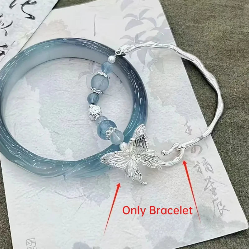 Translucent Resin Bangle for Women Chinese Style Tassel Bells Bracelet Crystal Beads Chain Bracelet Silver Color Alloy Jewelry