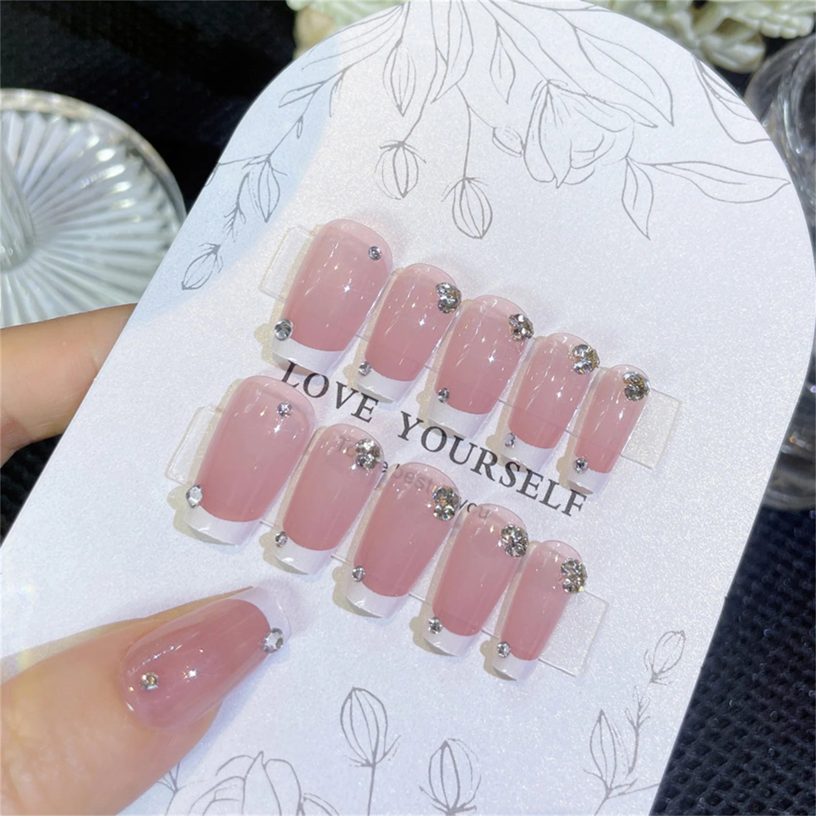 Blush Pink False Nails Bowknot Diamond Pearl Nails